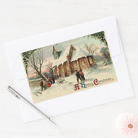 夜明けミサでのヴィンテージクリスマス教会のパリショナー 長方形シール (封筒)