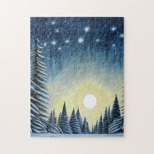 夜星の下の月に照らされた常緑雪景色 ジグソーパズル (縦)