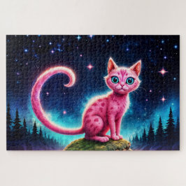 夜星空の谷の可愛いファンタジーピンクの動物 ジグソーパズル