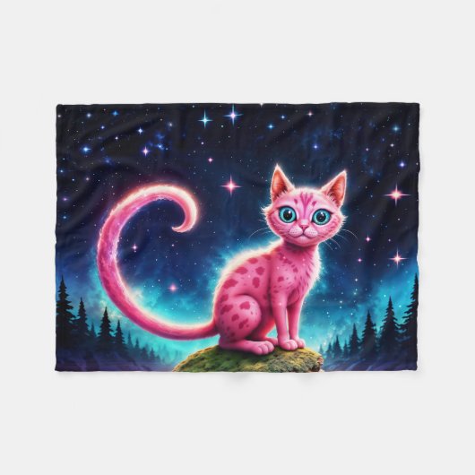 夜星空の谷の可愛いファンタジーピンクの動物 フリースブランケット (正面(横))