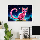 夜星空の谷の可愛いファンタジーピンクの動物 ポスター (ホームオフィス)