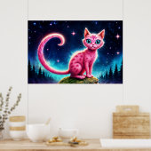 夜星空の谷の可愛いファンタジーピンクの動物 ポスター (キッチン)
