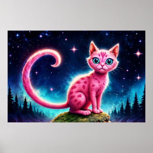 夜星空の谷の可愛いファンタジーピンクの動物 ポスター (正面)