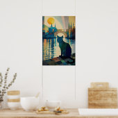 夜景を眺めるキュビズムの猫 ポスター (キッチン)