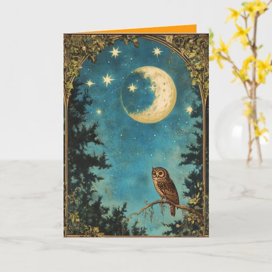 夜梟の満月と星空の夜 カード (黄色い花)