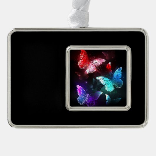 夜白熱［赤熱］光を放つの蝶3匹 シルバープレートフレームオーナメント (正面)