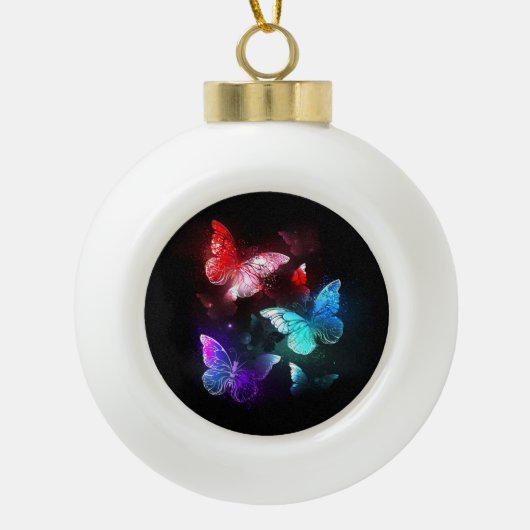 夜白熱［赤熱］光を放つの蝶3匹 セラミックボールオーナメント (正面)