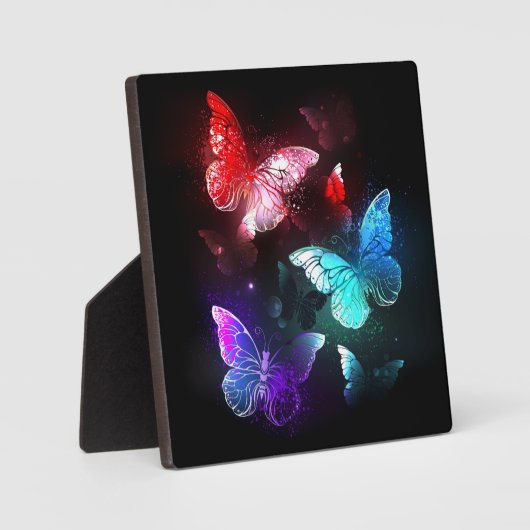 夜白熱［赤熱］光を放つの蝶3匹 フォトプラーク (正面)