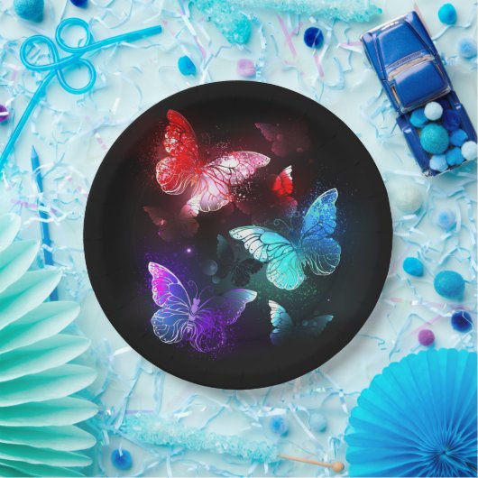 夜白熱［赤熱］光を放つの蝶3匹 ペーパープレート (パーティー)