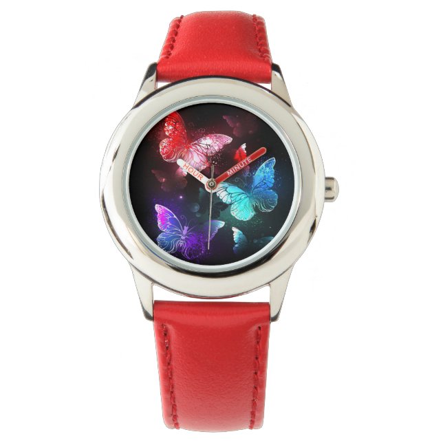 夜白熱［赤熱］光を放つの蝶3匹 腕時計 (正面)