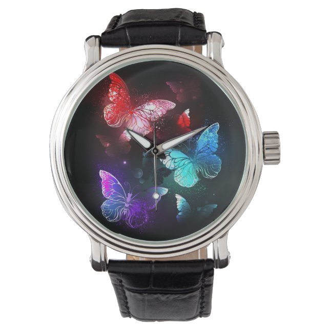 夜白熱［赤熱］光を放つの蝶3匹 腕時計 (正面)