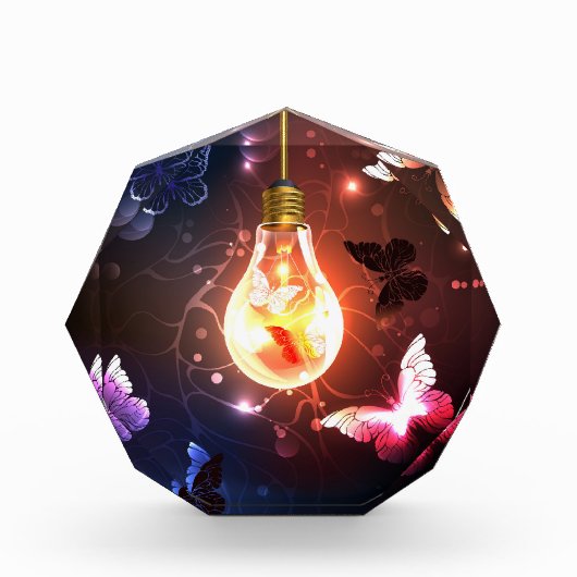 夜白熱［赤熱］光を放つ蝶の電球 フォトブロック (正面)