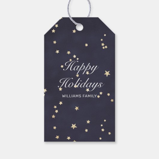 夜空と金ゴールド星ハッピーホリデー ギフトタグ (正面)