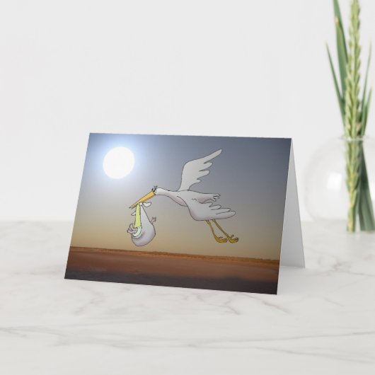 夜空と飛んでいる満月の白いコウノトリ カード (正面)