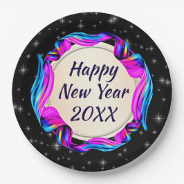 夜空にペイントリボンの新年あけましておめでとうございます 20xx 23cm ペーパープレート