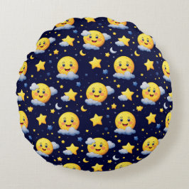 夜空に浮かぶ月と星の笑顔 ラウンドクッション
