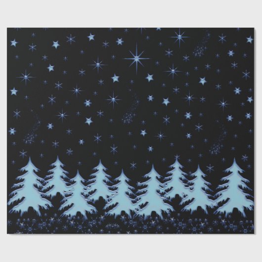 夜空に輝く青いクリスマスツリーと星 ラッピングペーパー (フラット)