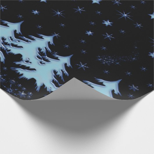 夜空に輝く青いクリスマスツリーと星 ラッピングペーパー (角)