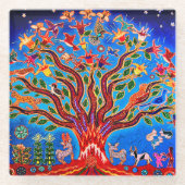 夜空に鳥や花が咲く木 ガラスコースター (正面)