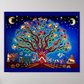 夜空に鳥や花が咲く木 ポスター (正面)