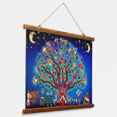 夜空に鳥や花が咲く木 吊り下げ型タペストリー (傾斜あり)