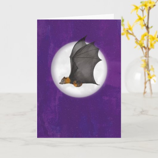 夜空のカードにいるかわいいコウモリの親子 カード (黄色い花)