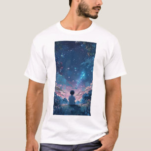 夜空の下で愛らしい男の子イラストレット Tシャツ