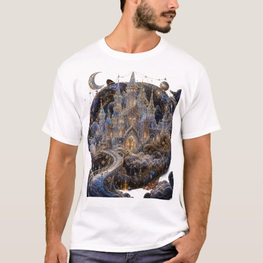 夜空の下の魔法の幻想城の芸術Tシャツ Tシャツ (正面)