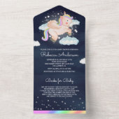 夜空の星を飛ぶユニコーン ネイビーブルー ベビーシャワー オールインワン招待状 (内側)