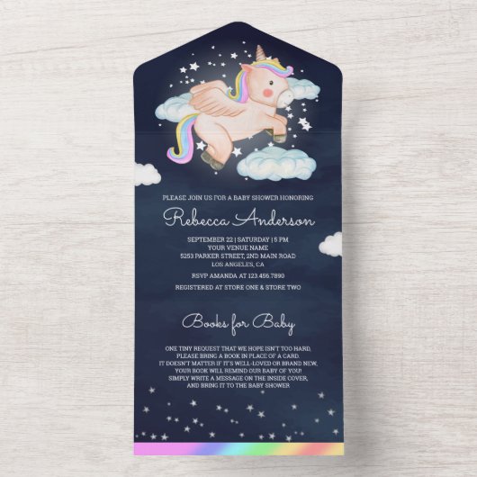 夜空の星を飛ぶユニコーン ネイビーブルー ベビーシャワー オールインワン招待状 (内側)