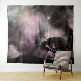 夜空の森の木のシルエット風景 タペストリー