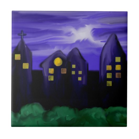 夜空の都市の高層キャンバスアート タイル (正面)