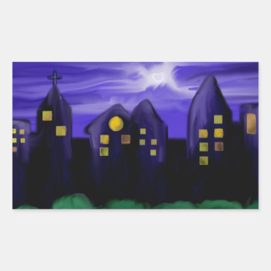 夜空の都市の高層キャンバスアート 長方形シール (正面)