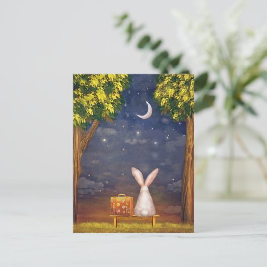 夜空をスーツケースで覗き込むウサギ ポストカード (スタンド正面)