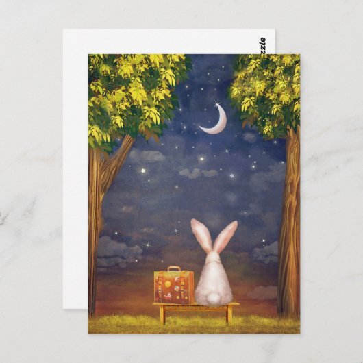 夜空をスーツケースで覗き込むウサギ ポストカード (正面/裏面)