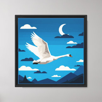 夜空を飛ぶ白い白鳥 キャンバスプリント