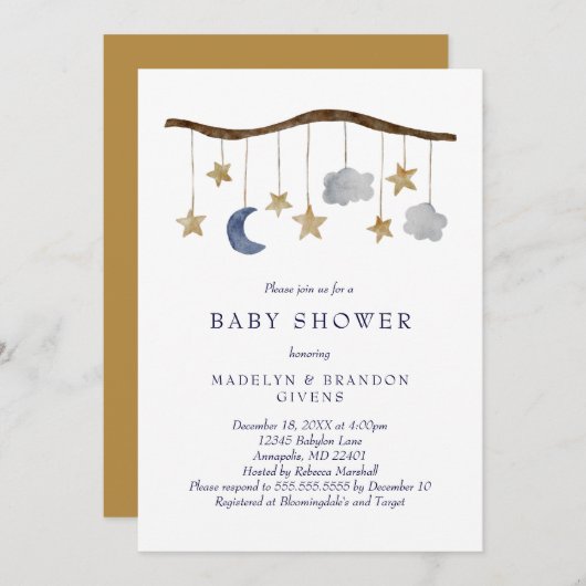 夜空素朴月と星のモバイル赤ちゃんシャワー 招待状 (正面/裏面)