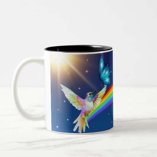 夜空、二羽の鳥、蝶、虹 ツートーンマグカップ (左)