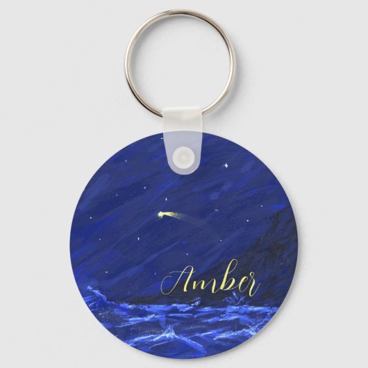 夜空 海 崖 流星 キャンバス キーホルダー (正面)