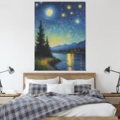 夜絵を描の湖と木 キャンバスプリント (インサイチュ (寝室))