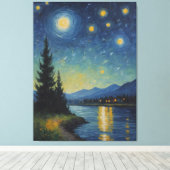 夜絵を描の湖と木 キャンバスプリント (インサイチュ (ウッドフロア))