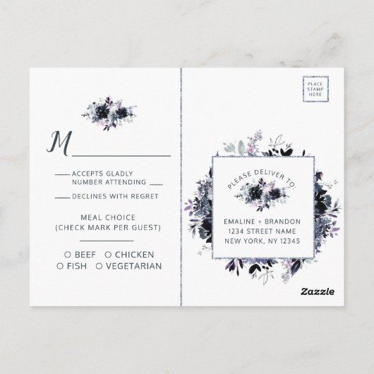 夜行性ほこりっぽい結婚ブルーの食事の選択RSVP ポストカード (裏面)