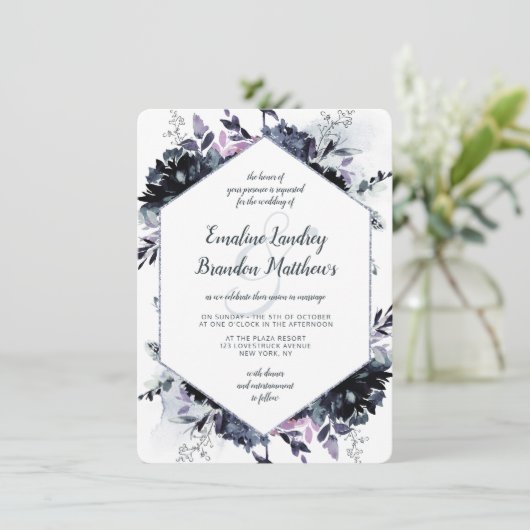 夜行性フローラネイビーほこりっぽい青結婚六角 招待状 (スタンド正面)