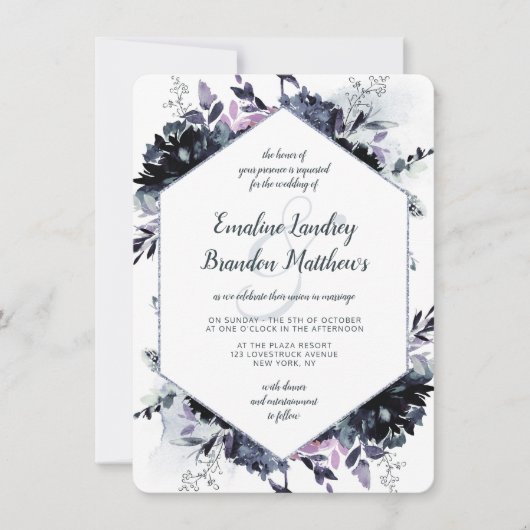 夜行性フローラネイビーほこりっぽい青結婚六角 招待状 (正面)