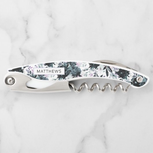 夜行性フローラネイビー結婚ブルーのモノグラム ソムリエナイフ (正面)