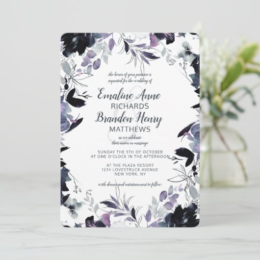 夜行性フローラネイビー縁どダスティブルー結婚ズ 招待状 (スタンド正面)