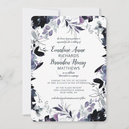 夜行性フローラネイビー縁どダスティブルー結婚ズ 招待状 (正面)