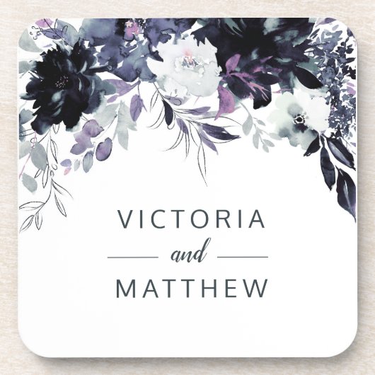 夜行性フローラ額ネイビー結婚ブルーのモノグラム コースター (正面)