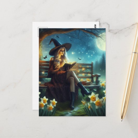 夜読に魔女が水仙の近くに ポストカード (正面/裏面インサイチュ)