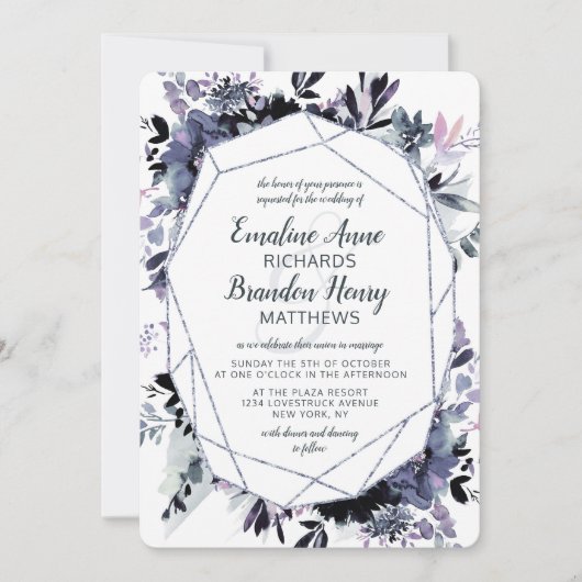 夜間フローラシルバージェムダスティブルー結婚ズ 招待状 (正面)